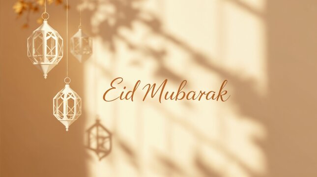Eid Mubarak greeting background with hanging lanterns and text. 3D illustration of Ramadan fanoos on beige wall with leaf shadows. Islamic holiday celebration banner