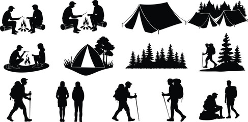 Camping and hiking silhouette set, outdoor adventure people, tents campfire forest trekking backpackers, black vector illustration collection isolated on white