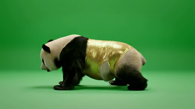 Cute panda dancing playfully on a green background, wearing a shiny golden outfit. Fun and humorous animal concept with creative styling, perfect for entertainment, joyful mood, kids content, and imag