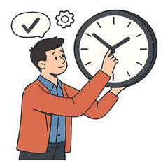 Man carefully fixing a wall clock, symbolizing time management, productivity, and the concept of controlling one's schedule isolated white background