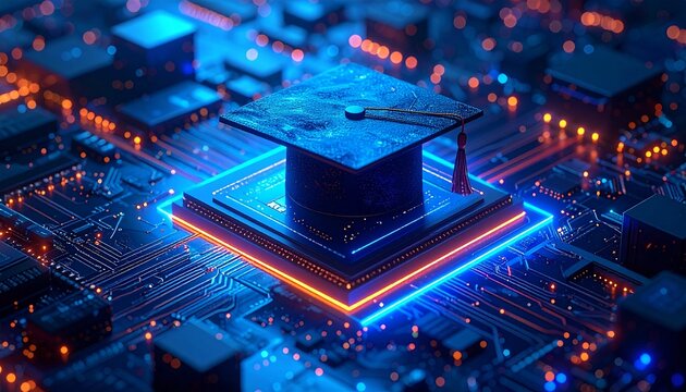 Graduation Cap on Circuit Board Symbolizing Education Technology Integration and Future Learning Innovation