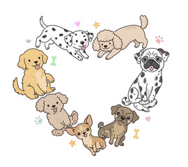 Fototapeta premium Cute Dogs Heart Shape Collection Hand Drawn Vector Illustration