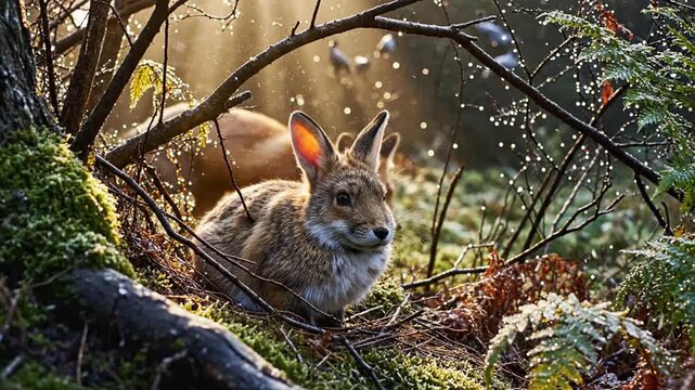 Fox in a sunlit forest clearing among ferns and mossy logs at dawn