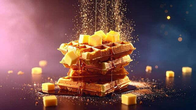 A stack of golden, freshly baked waffles, topped with butter and syrup, surrounded by bokeh lights