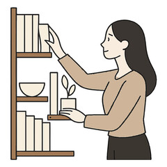 Woman aesthetically arranging books on a bookshelf, embodying order, calm, and a mindful lifestyle concept isolated white background