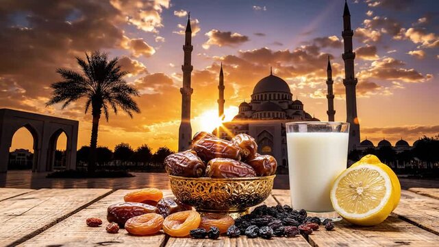 Ramadan iftar spread with dates, dried apricots, raisins, and a glass of milk and lemon slices on a wooden table with a mosque in the background at sunset