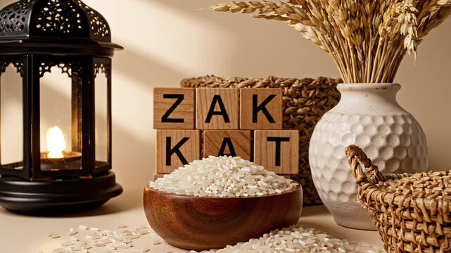 Zakat Islamic charity, generosity, rice, and traditional elements