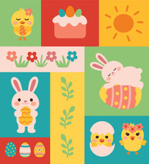 Fototapeta premium Cute Easter icons set with bunny chick egg elements Adorable Easter symbols collection flat colorful vector illustration Easter bunny chick eggs flowers vector set