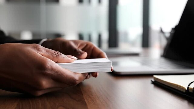 Close-up of Professional Hands Holding a Stack of Blank White Business Cards on a Wooden Desk in a Modern Office Environment