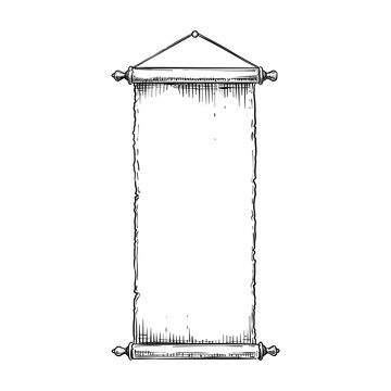 old paper scroll hanging on rope vector line art hand drawn illustration