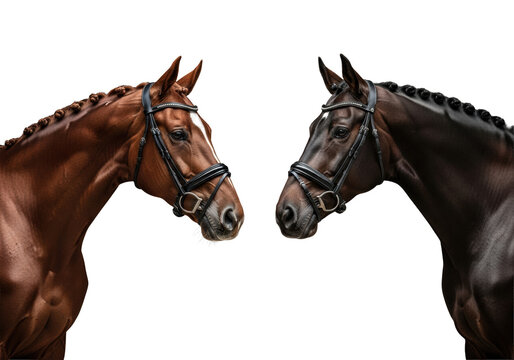 muscular chestnut and dark bay horses wearing show bridles, in a dramatic low-key studio portrait with intense rim lighting emphasizing glossy coats, concept of equine nobility and strength