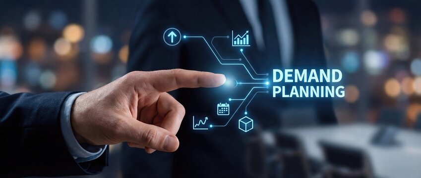 Demand Planning Concept: Business Professional Navigating Digital Interface