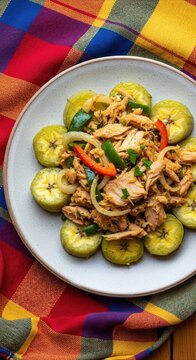 Boiled Green Bananas and Saltfish with Butter and Large Negative Space for Text