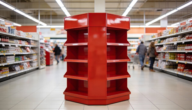 Red Supermarket Gondola Endcap Display in Grocery Store Aisle