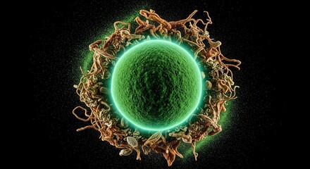 A glowing green cell with a textured surface surrounded by brown tendrils against a black background