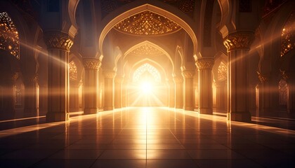 Fototapeta premium Interior perspective of a gilded hall with arched doorways, emanating bright light