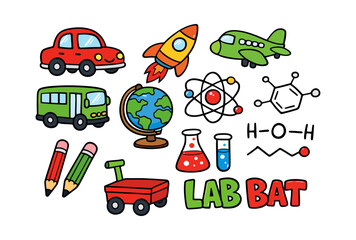 Fototapeta premium Cartoon science education and transportation doodle set