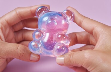 Hands holding iridescent gummy bear squishy on pink background