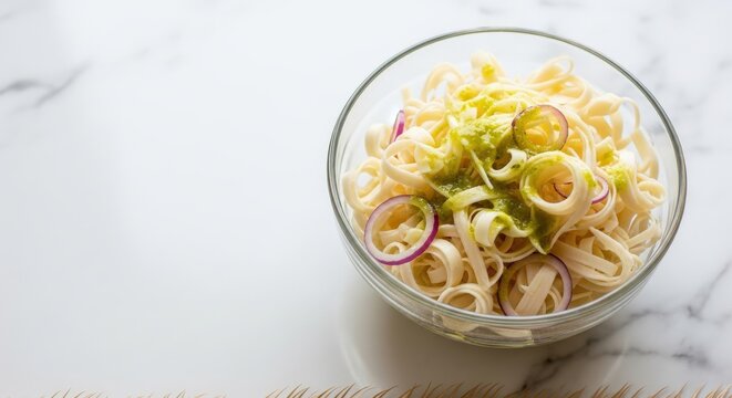 Fresh Heart of Palm Salad with Lime and Red Onion on White Marble with Large Copy Space