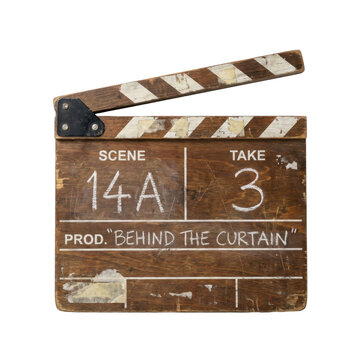 Vintage Wooden Film Clapperboard Scene 14A Take 3 With Production Title Behind The Curtain In White Chalk