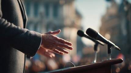 Close-up of hands gesturing during speech at press conference with microphones on podium outdoors.