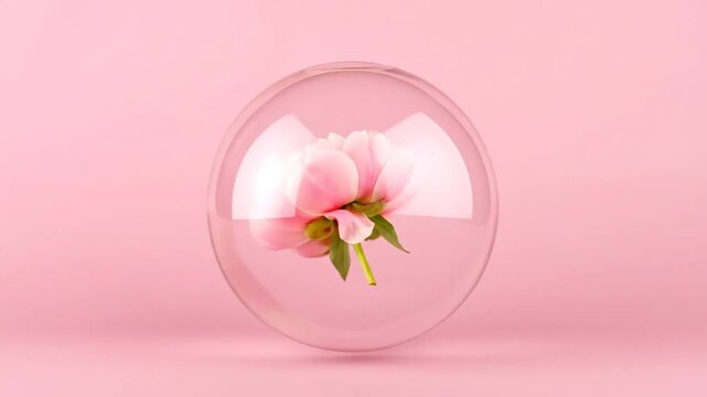 A delicate pink peony bloom encased in a transparent sphere, set against a soft, pink background