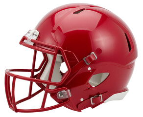 Fototapeta premium Red American football helmet isolated on white background, protective sports equipment designed for safety, competition and training, representing contact sport, teamwork,PNG File.