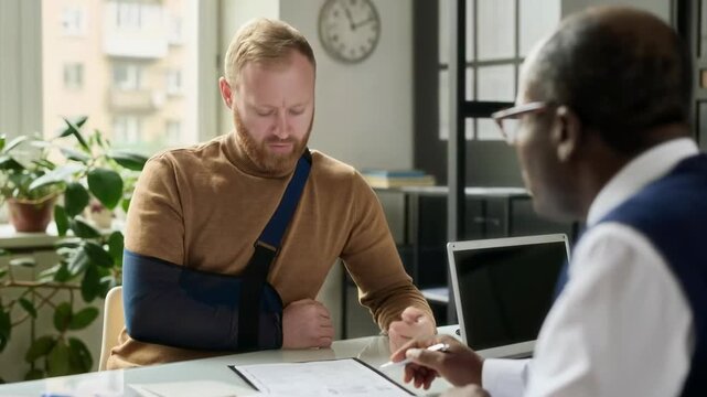 Young Caucasian man with injured arm, wearing sling, receiving consultation from senior Black health insurance agent