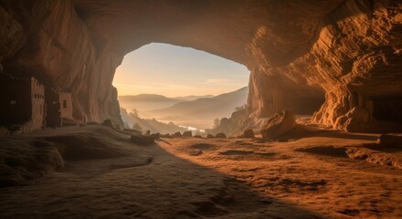 Obraz premium View from inside a large cave arch with ancient cliff dwelling structures at sunrise. Prehistoric settlement and early human dwelling concept.