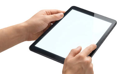 Hands holding a blank tablet screen.
