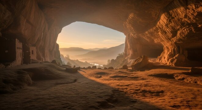 View from inside a large cave arch with ancient cliff dwelling structures at sunrise. Prehistoric settlement and early human dwelling concept.