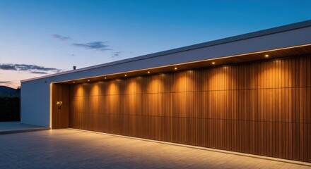 Fototapeta premium Exterior dusk shot of a modern home's garage with wooden panels, lit by spotlights
