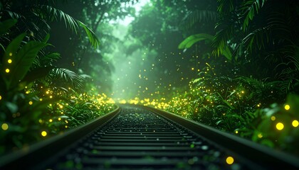 Railway Through Tropical Rainforest with Fireflies