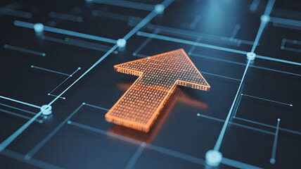 Orange 3d arrow pointing upwards on a grid background with blue lines and dots symbolizing growth and progress in a futuristic technology concept with dramatic lighting