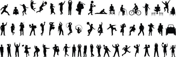 Obraz premium People activity silhouettes collection showing walking, running, jumping, sports, daily actions, transportation poses, human figures set vector illustration isolated on white background