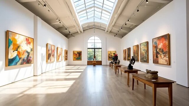 Modern art gallery interior featuring abstract paintings, wooden floors, and a glass ceiling