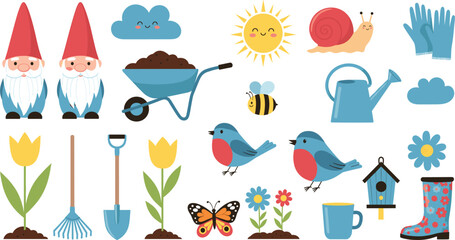 Cute gardening vector set featuring garden gnomes flowers birds butterfly wheelbarrow watering can tools sun and clouds in flat cartoon style illustration. © MdGohurul