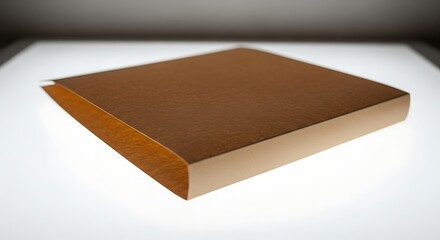 A brown book stands upright on a white surface viewed from a slightly elevated angle