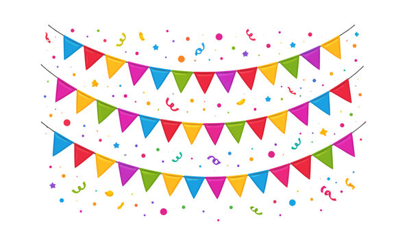 Colorful festive party garlands set featuring multiple pennants and falling confetti for celebrations and special events