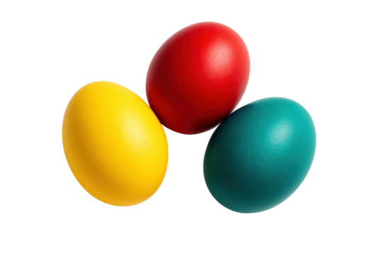 Three colorful eggs in red yellow and teal arranged together on a transparent background and plain white background - Powered by Adobe