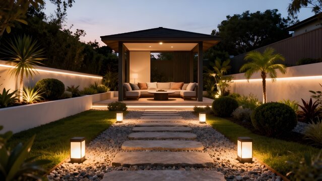 Modern Illuminated Backyard Garden With Minimalist Gazebo Lounge, Stone Pathway, Warm Landscape Lighting, And Luxury Outdoor Relaxation Atmosphere At Twilight
