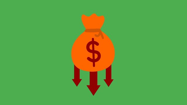 Animated money bag with downward arrow on green screen representing economic crisis concept.