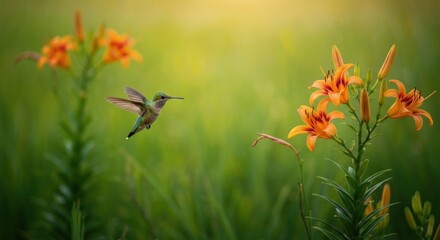 Obraz premium Hummingbird in flight near vibrant orange lilies against blurred green background