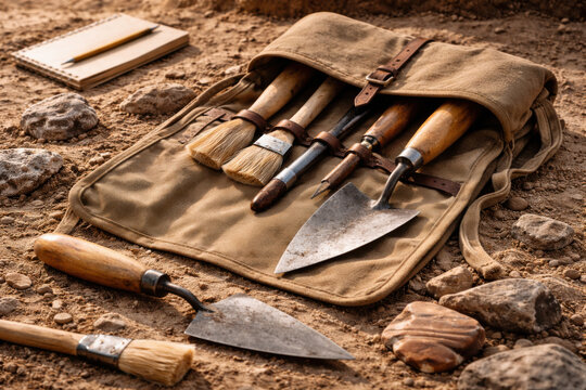 Photorealistic Archaeological Field Kit with Trowel, Brush, and Cloth Bag
