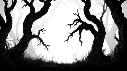 Eerie Silhouette: Twisted Trees Frame a Misty Forest Clearing in Monochrome
