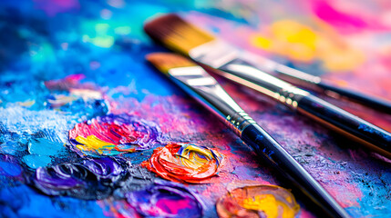 Obraz premium Colorful artistic palette with paintbrushes in vibrant studio setting