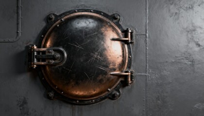 A heavy industrial metal hatch on a submarine or bunker door. Closed vintage vault porthole with a weathered steampunk texture and copy space