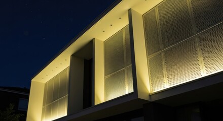 Illuminated facade of a modern building at night, showing architectural details and lighting
