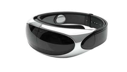 Futuristic black and silver wellness device. Curved design with controls. Worn on head