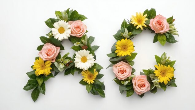 Floral arrangement creatively forming the letters ac with roses daisies and vibrant greenery